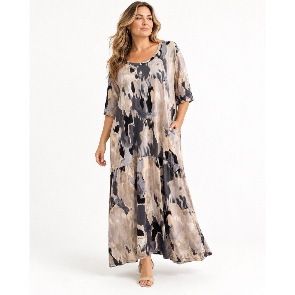 LOGO by Lori Goldstein Abstract Watercolor Print Tiered Maxi Dress XL Oversized